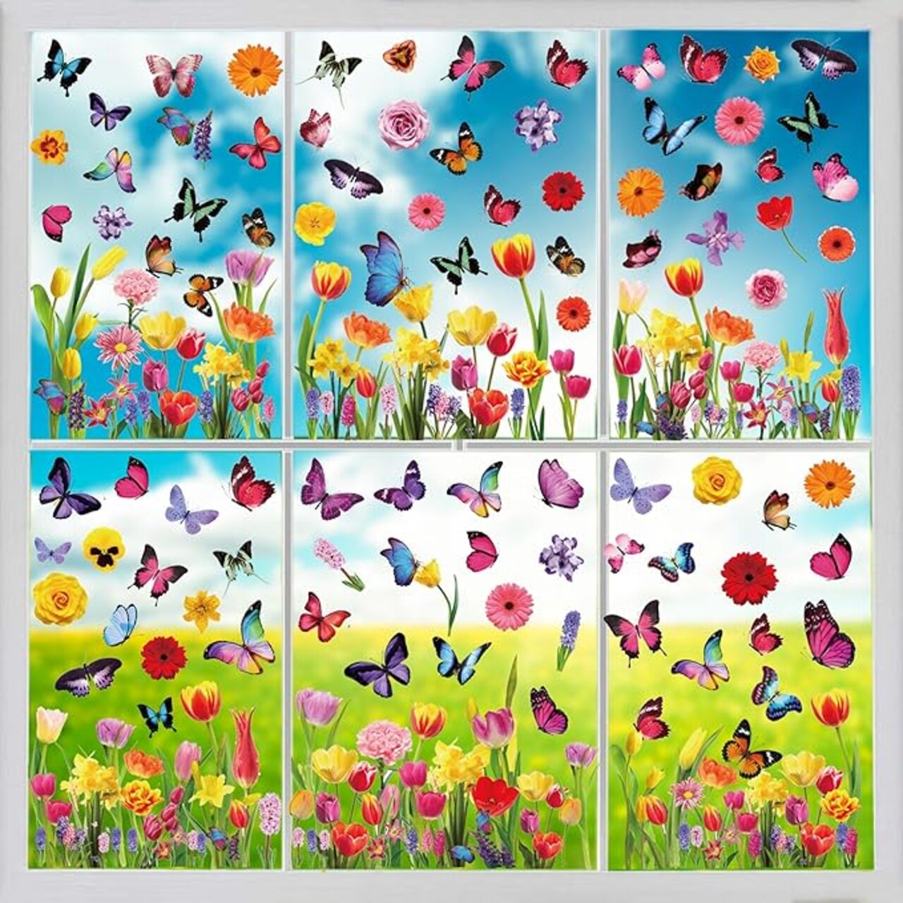 Spring Window Clings Stickers - Enchant Your Glass Windows with 127 Pieces on 9 Sheets - Tulip, Butterfly, and Flower Designs for a Colorful Home Décor